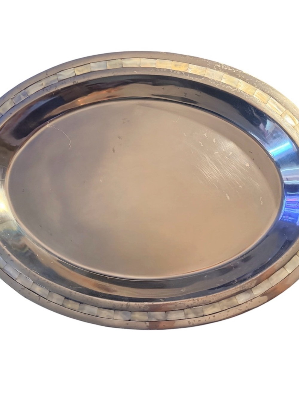 VTG Towle Silversmiths oval serving platter featuring a mother of pearl inlay